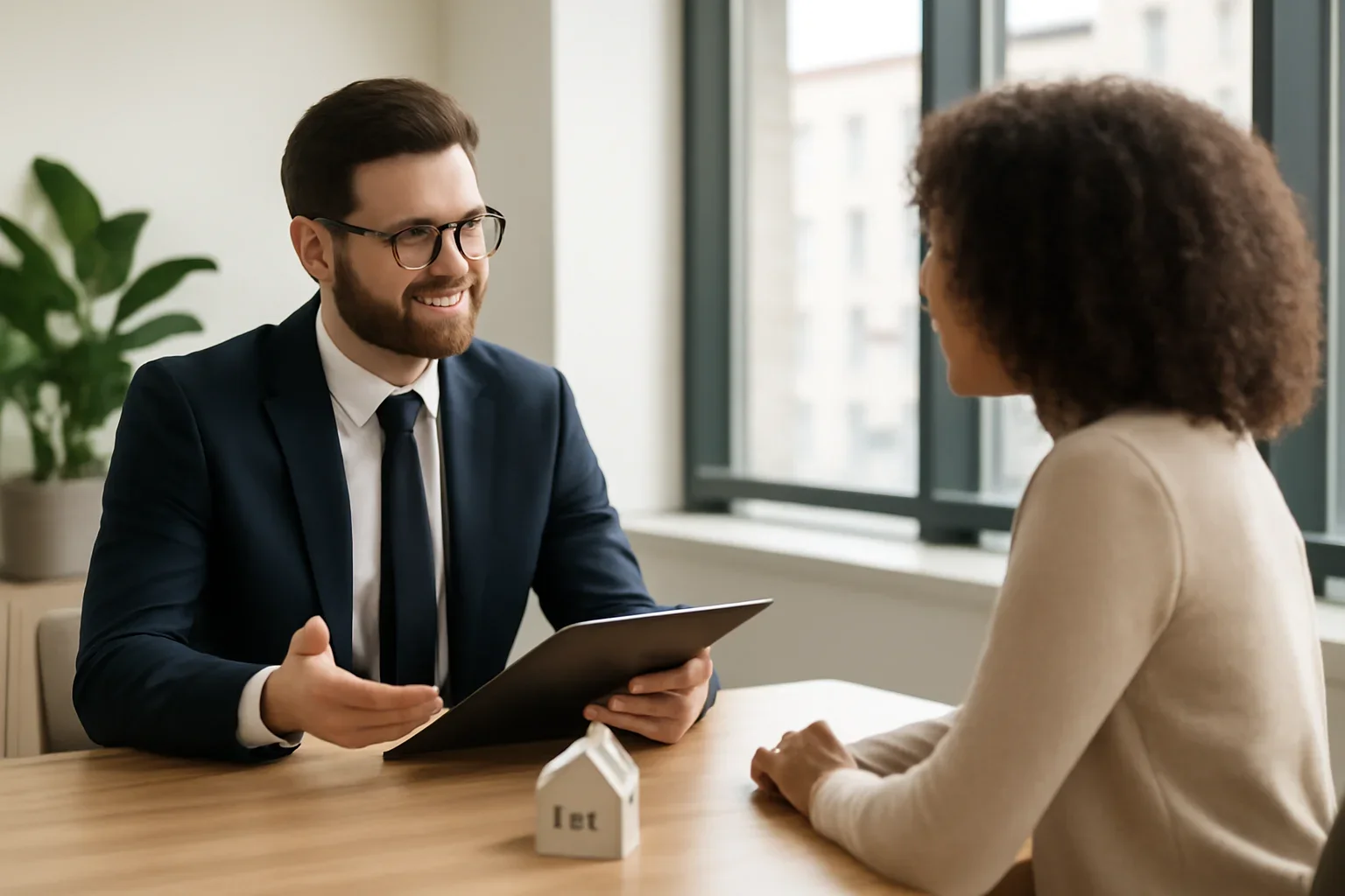 About page hero with Damien Grant-style advisor meeting a client in a modern office