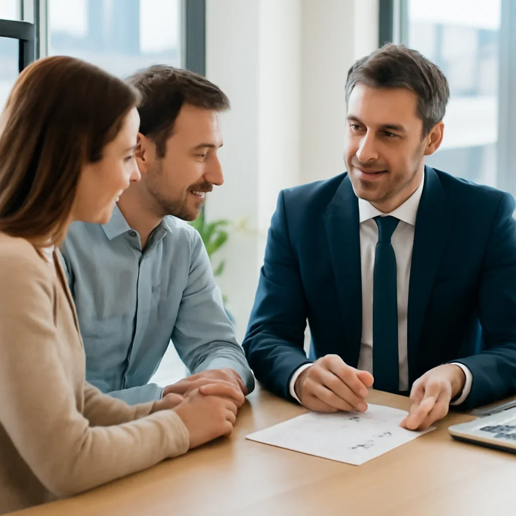 Damien Grant reviewing mortgage strategy with clients in a modern office