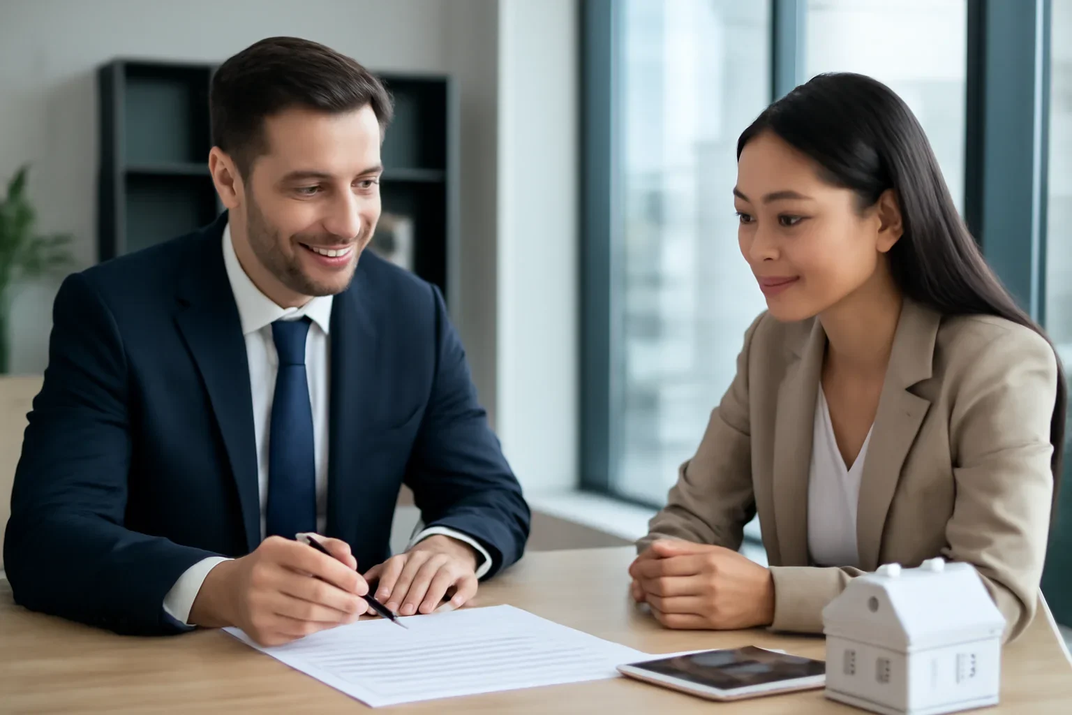 Foreign National Loans for U.S. Investment Property hero image with advisor and borrower reviewing mortgage strategy