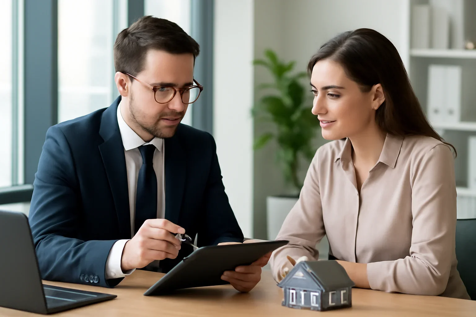 How to Buy Your First Rental Property hero image with advisor and borrower reviewing mortgage strategy