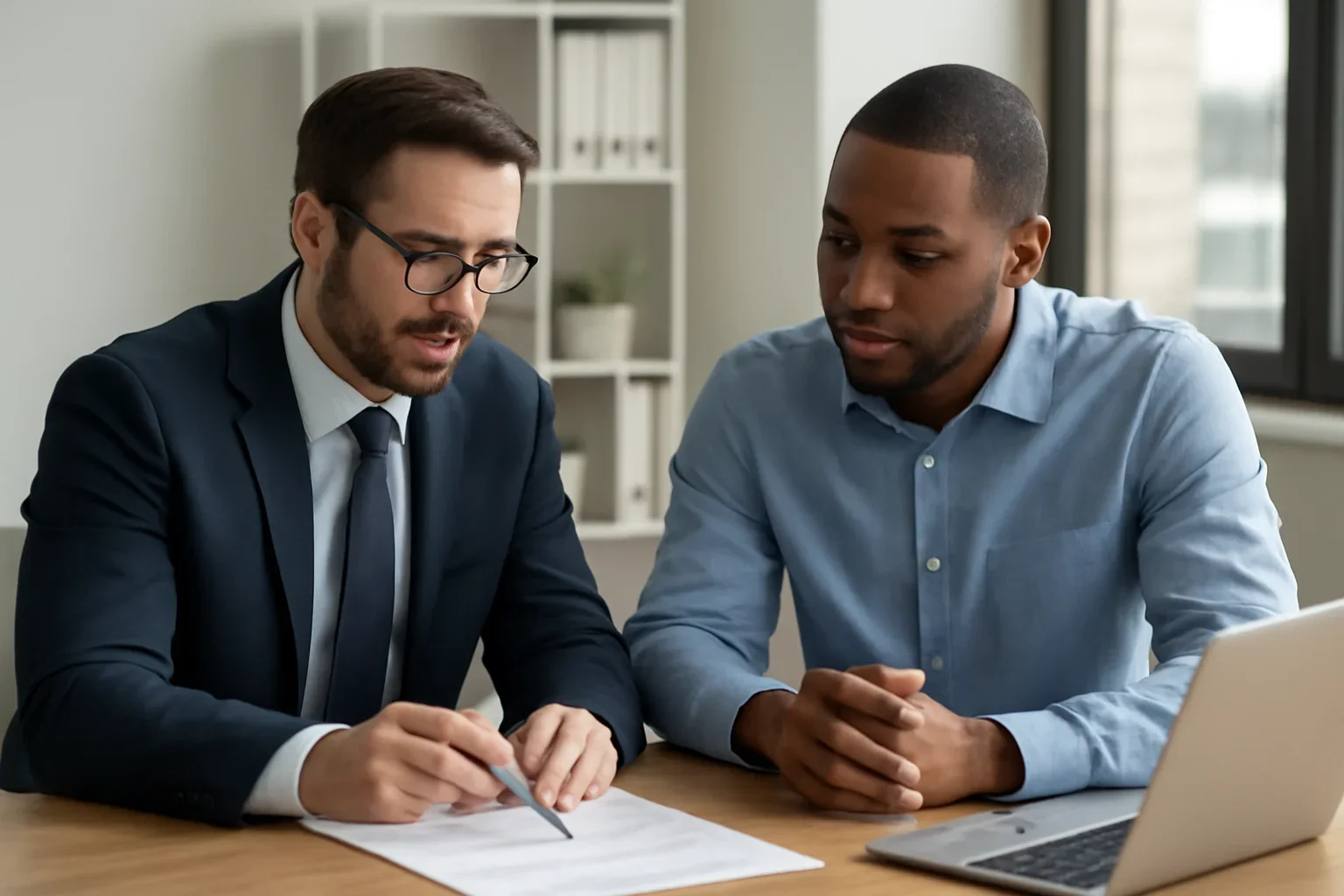 Using a VA Loan for a 2-to-4-Unit Property hero image with advisor and borrower reviewing mortgage strategy