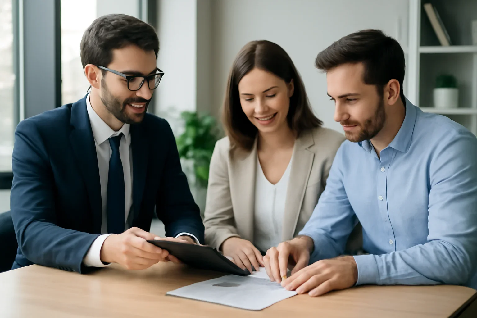 ARM vs Fixed-Rate Mortgage hero image with advisor and borrower reviewing mortgage strategy