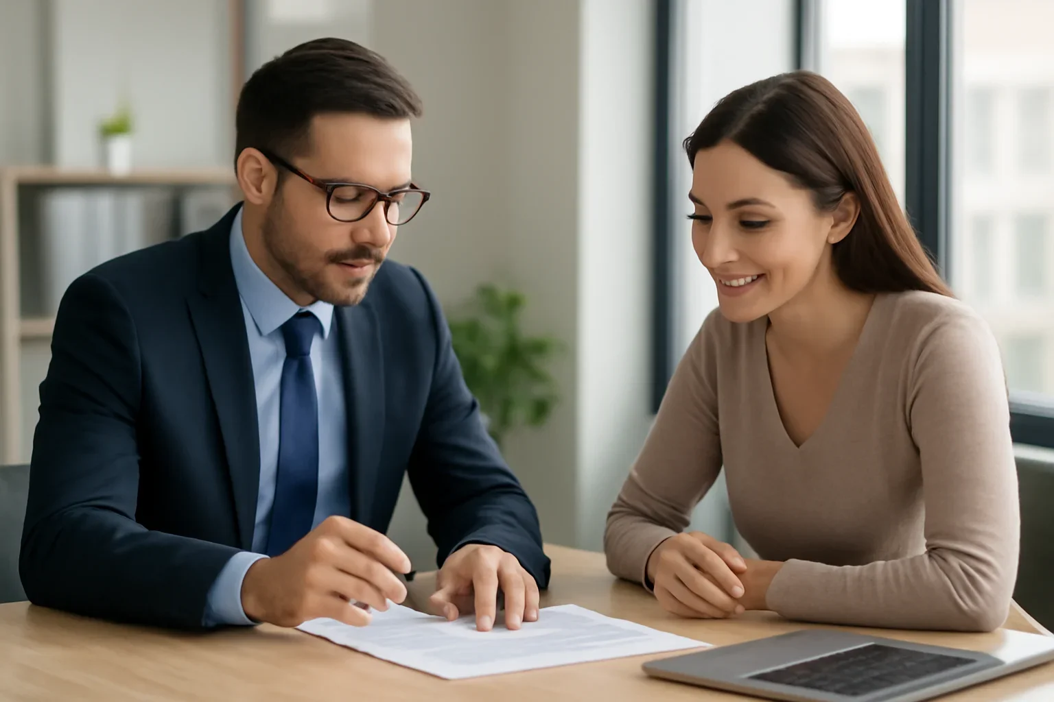 FHA vs Conventional hero image with advisor and borrower reviewing mortgage strategy