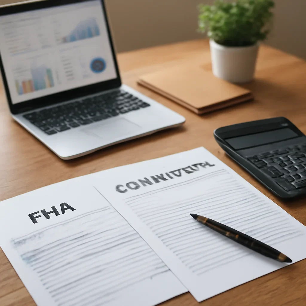 FHA vs Conventional supporting image with mortgage documents and digital planning tools