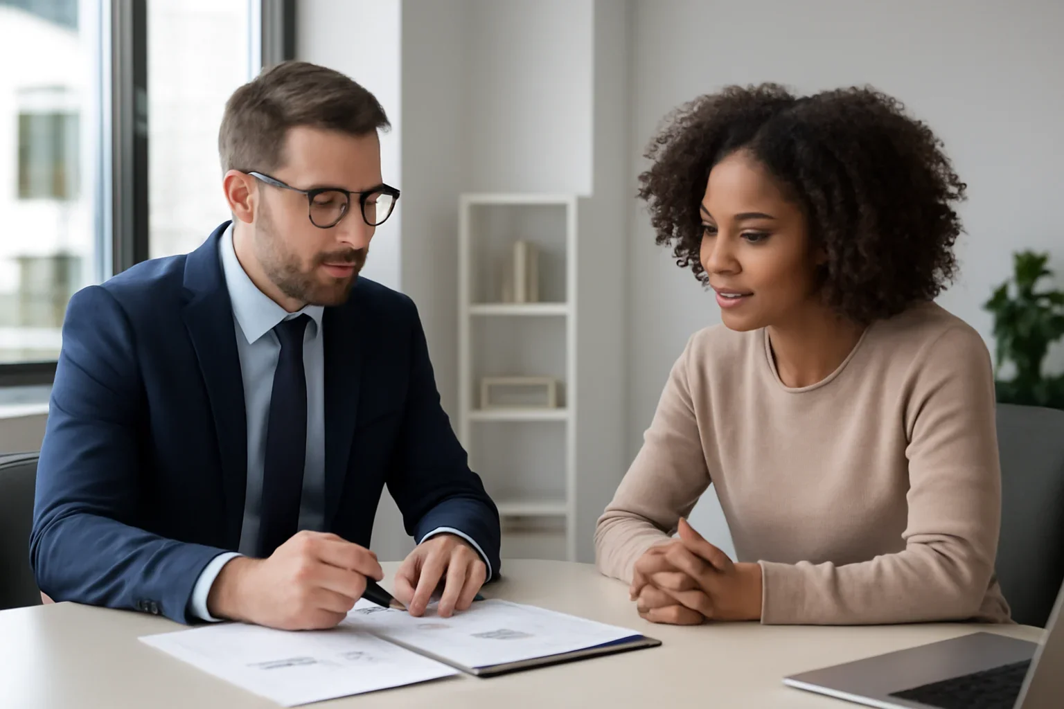 VA vs Conventional hero image with advisor and borrower reviewing mortgage strategy