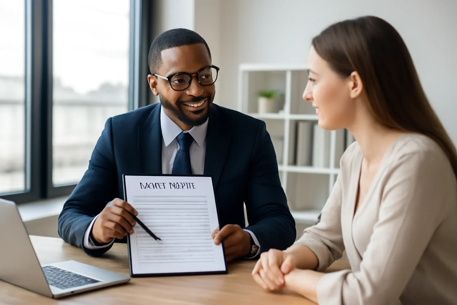 Digital Mortgage Application hero image with advisor and borrower reviewing mortgage strategy