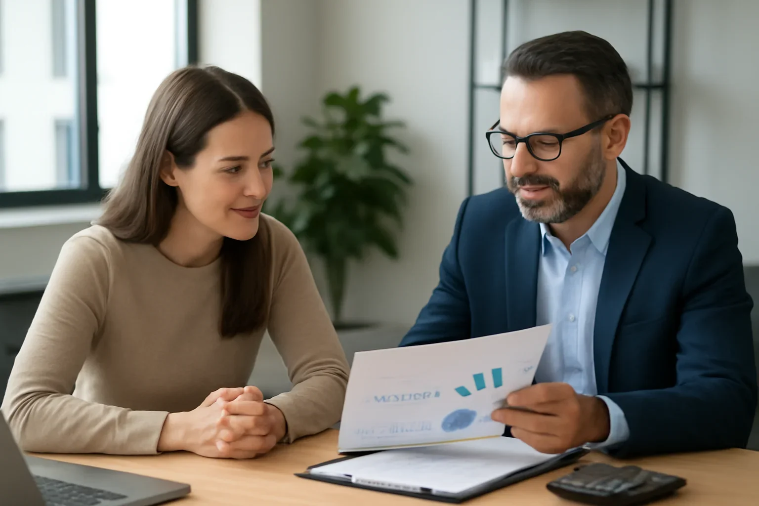 Features hero image showing a borrower and advisor reviewing mortgage strategy