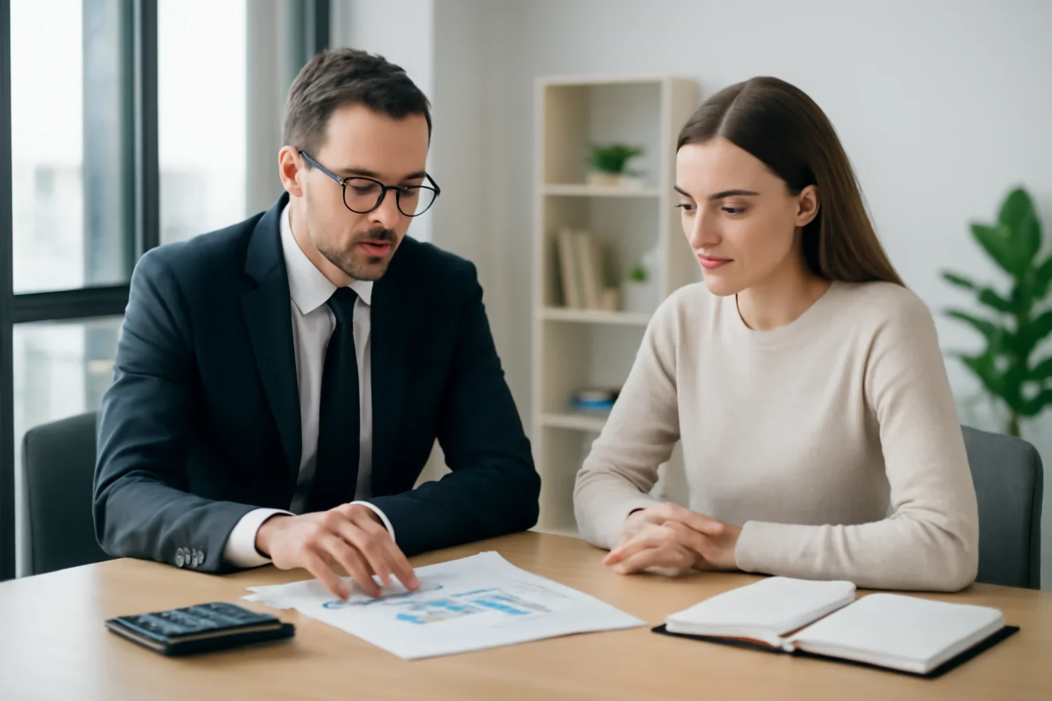 Loan Tracking hero image with advisor and borrower reviewing mortgage strategy