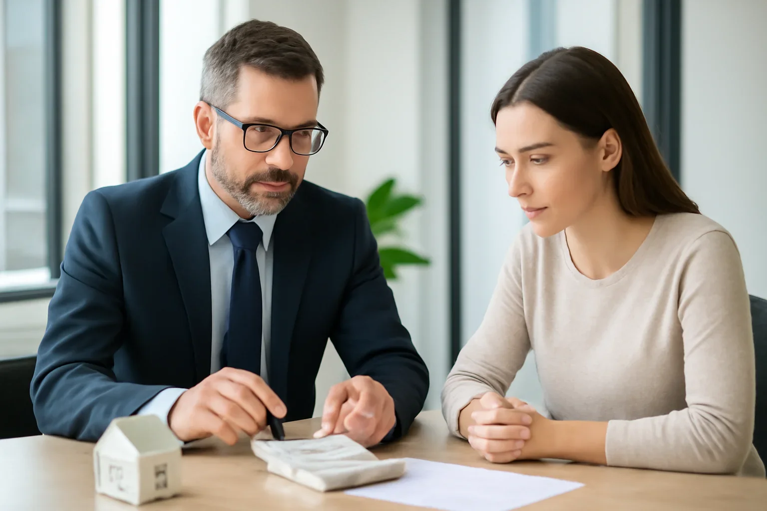 Mortgage Calculator hero image with advisor and borrower reviewing mortgage strategy