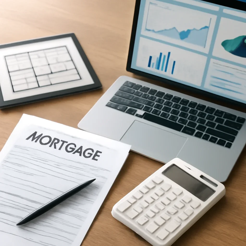 Mortgage Calculator supporting image with mortgage documents and digital planning tools