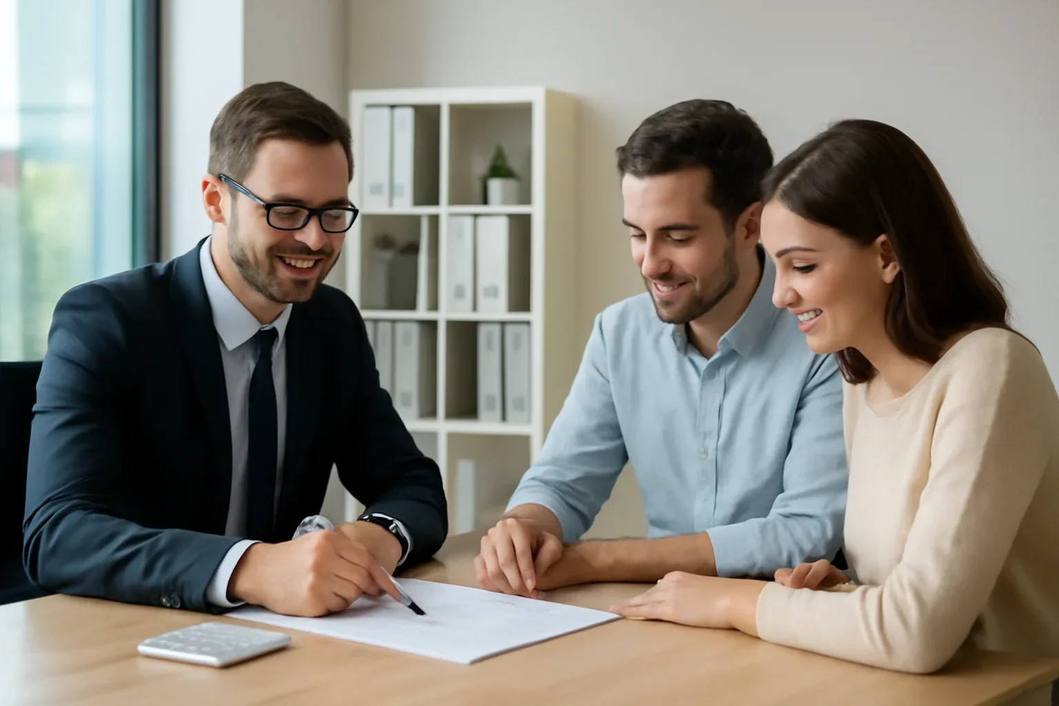 Refinance Calculator hero image with advisor and borrower reviewing mortgage strategy