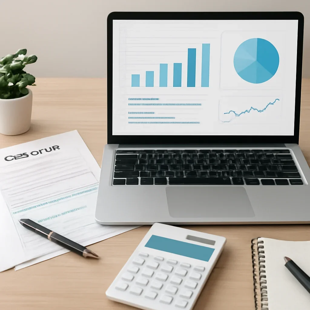 Refinance Calculator supporting image with mortgage documents and digital planning tools