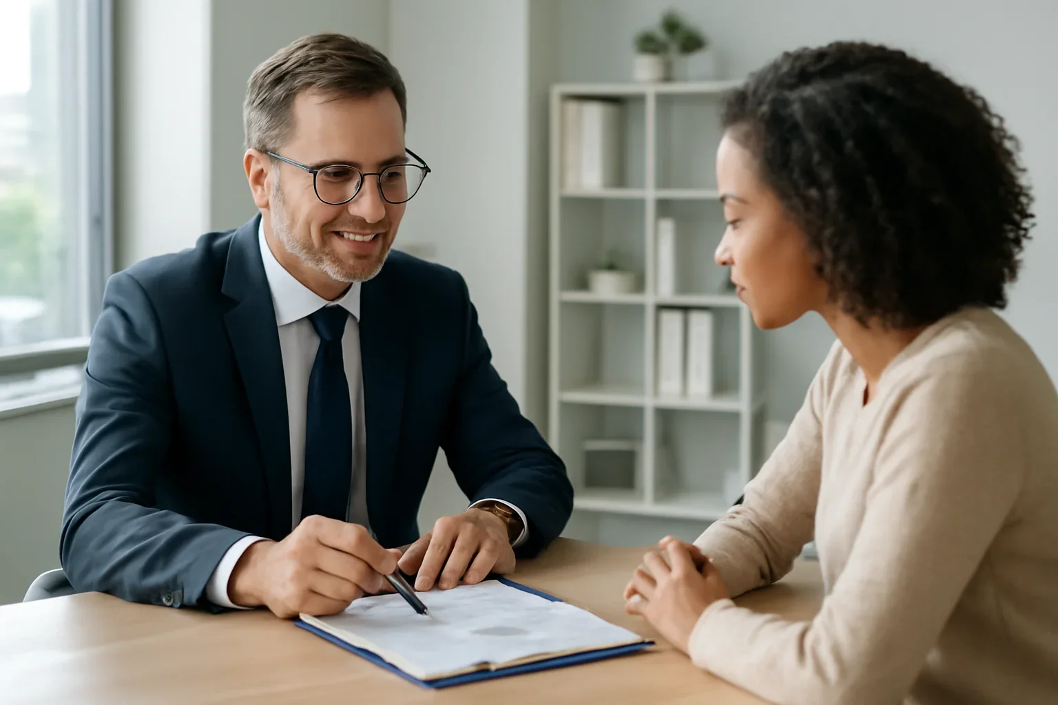 Adjustable-Rate Mortgage hero image with advisor and borrower reviewing mortgage strategy
