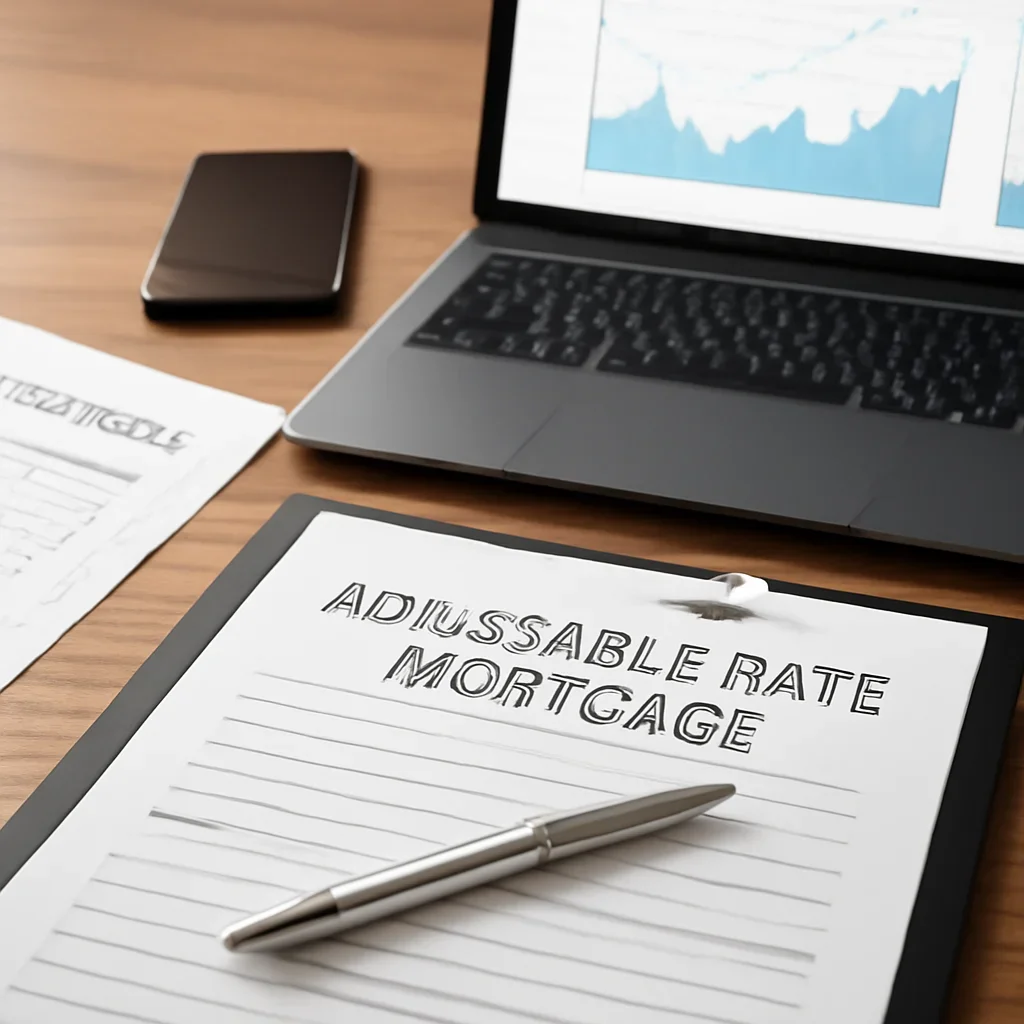 Adjustable-Rate Mortgage supporting image with mortgage documents and digital planning tools