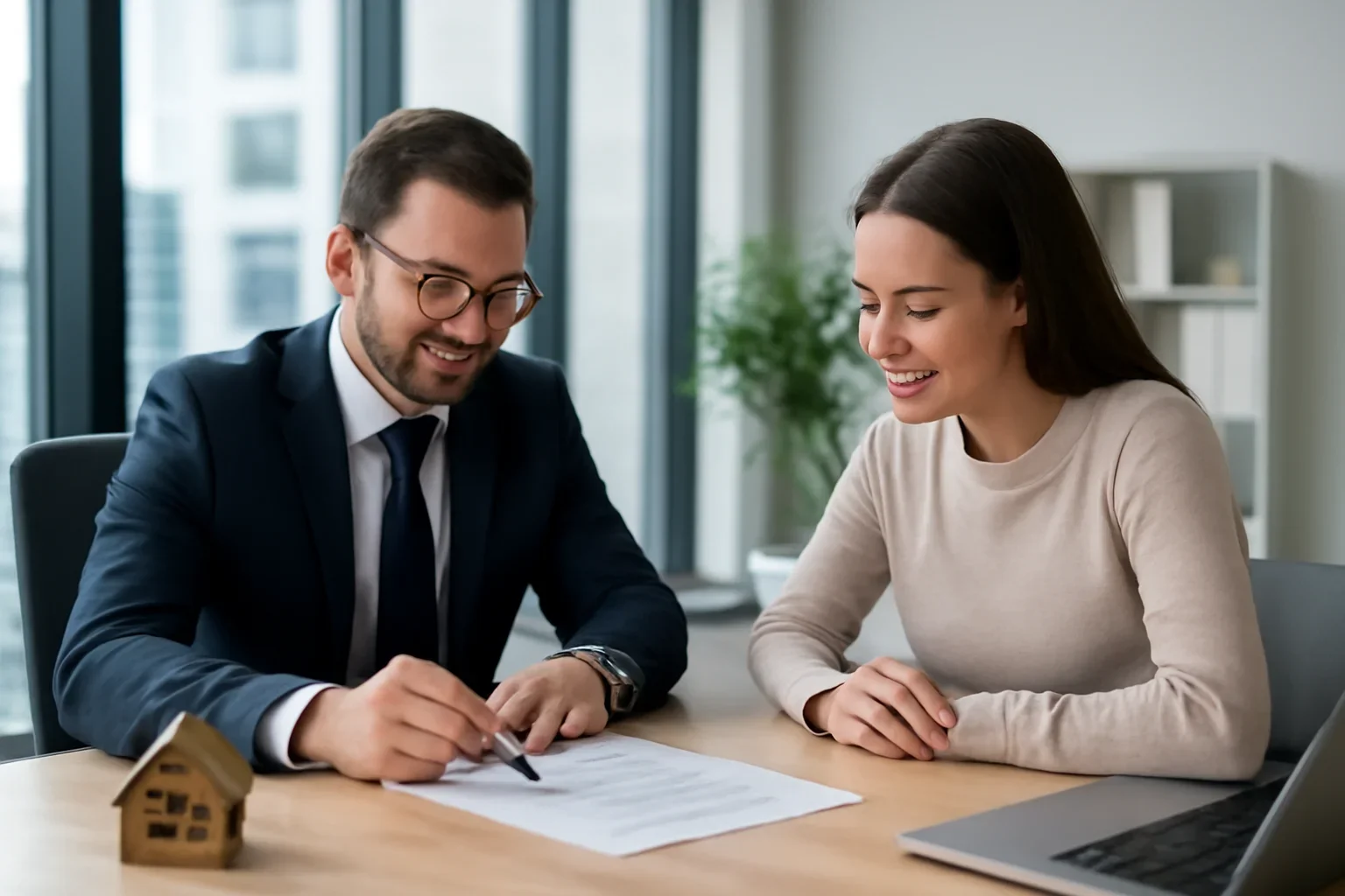 Asset Qualifier Loan hero image with advisor and borrower reviewing mortgage strategy