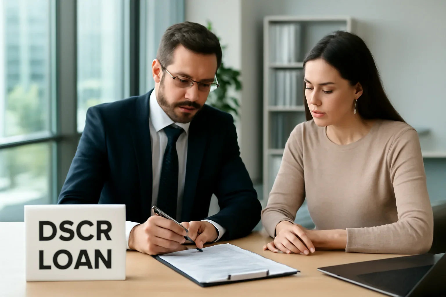 DSCR Loan hero image with advisor and borrower reviewing mortgage strategy
