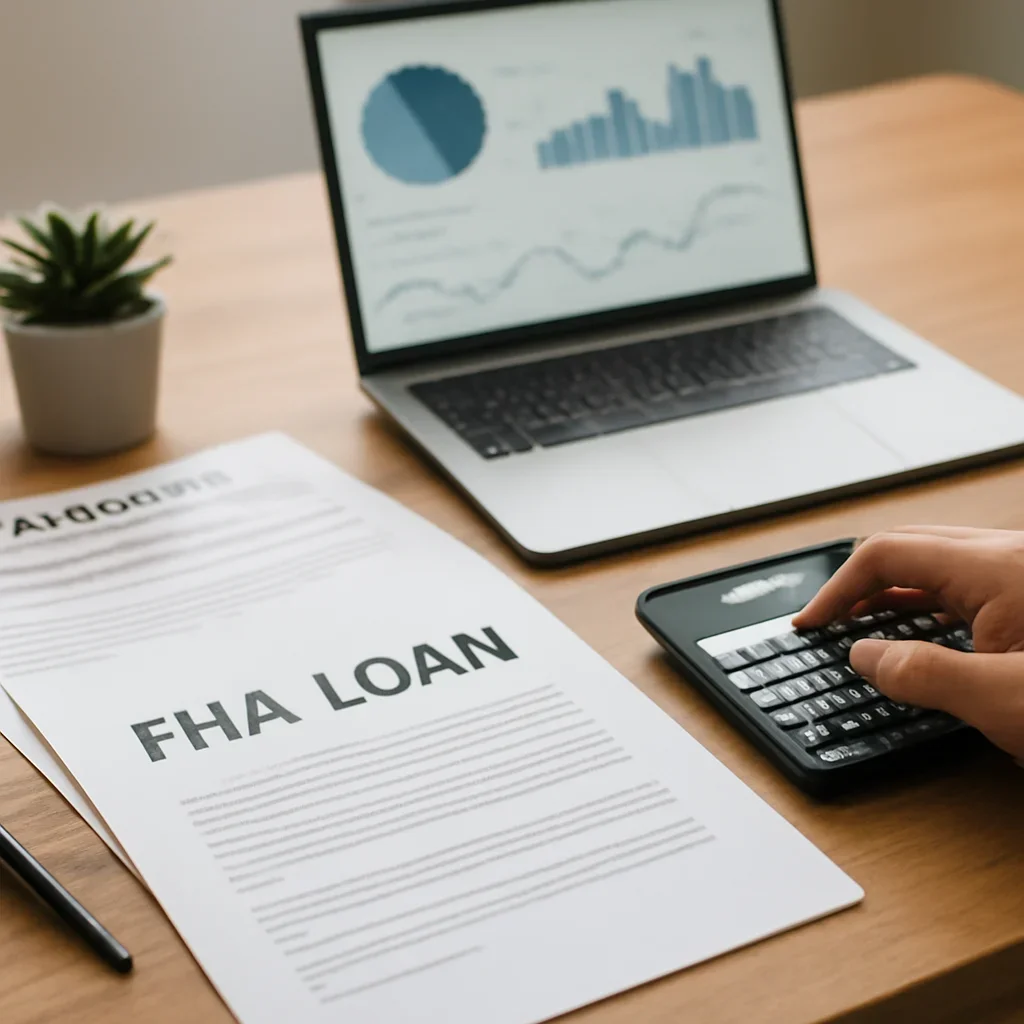 FHA Loan supporting image with mortgage documents and digital planning tools