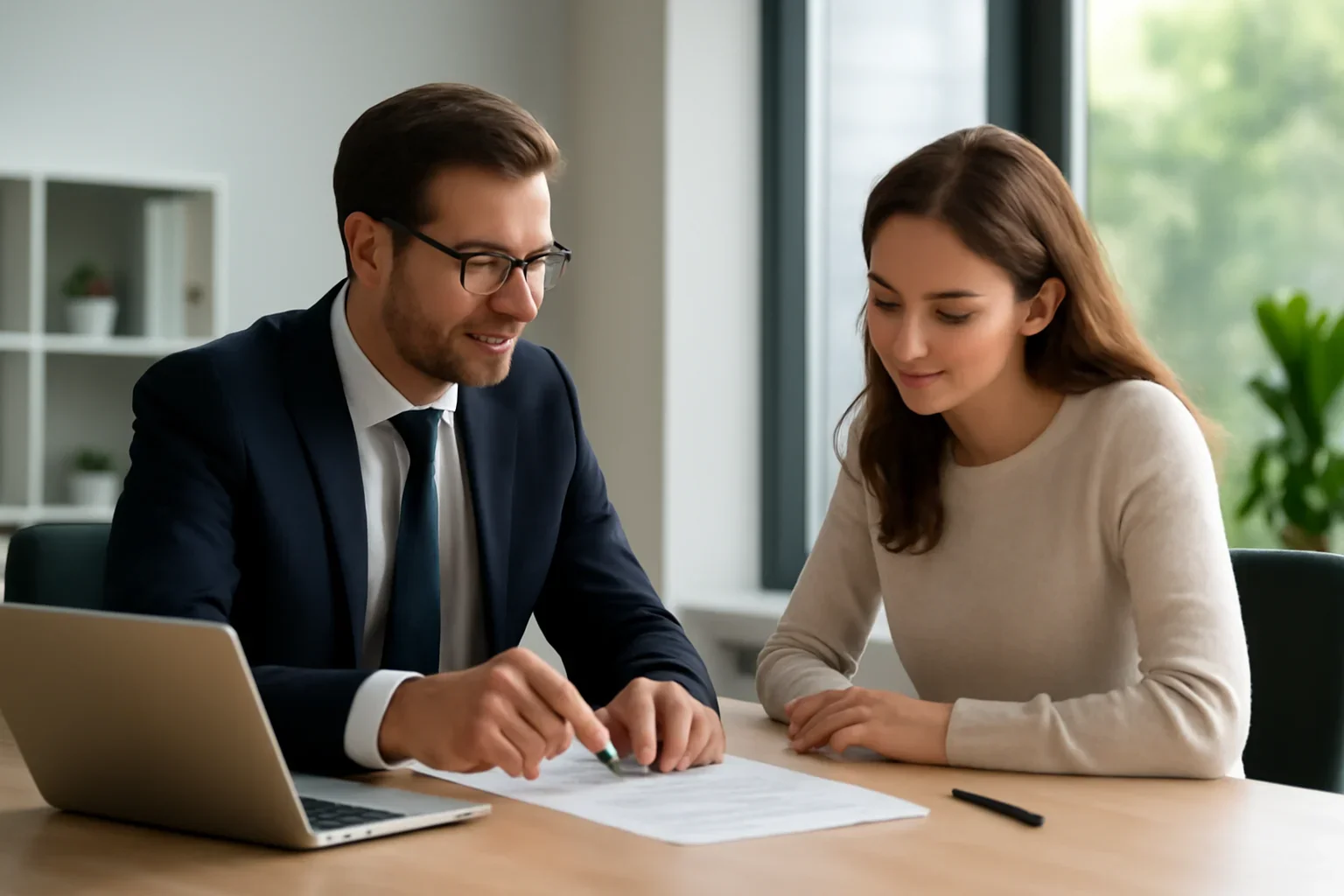 Non-QM Loan hero image with advisor and borrower reviewing mortgage strategy