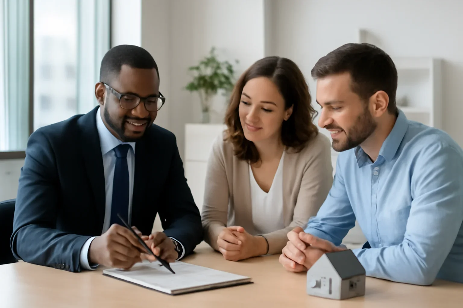Portfolio Loan hero image with advisor and borrower reviewing mortgage strategy
