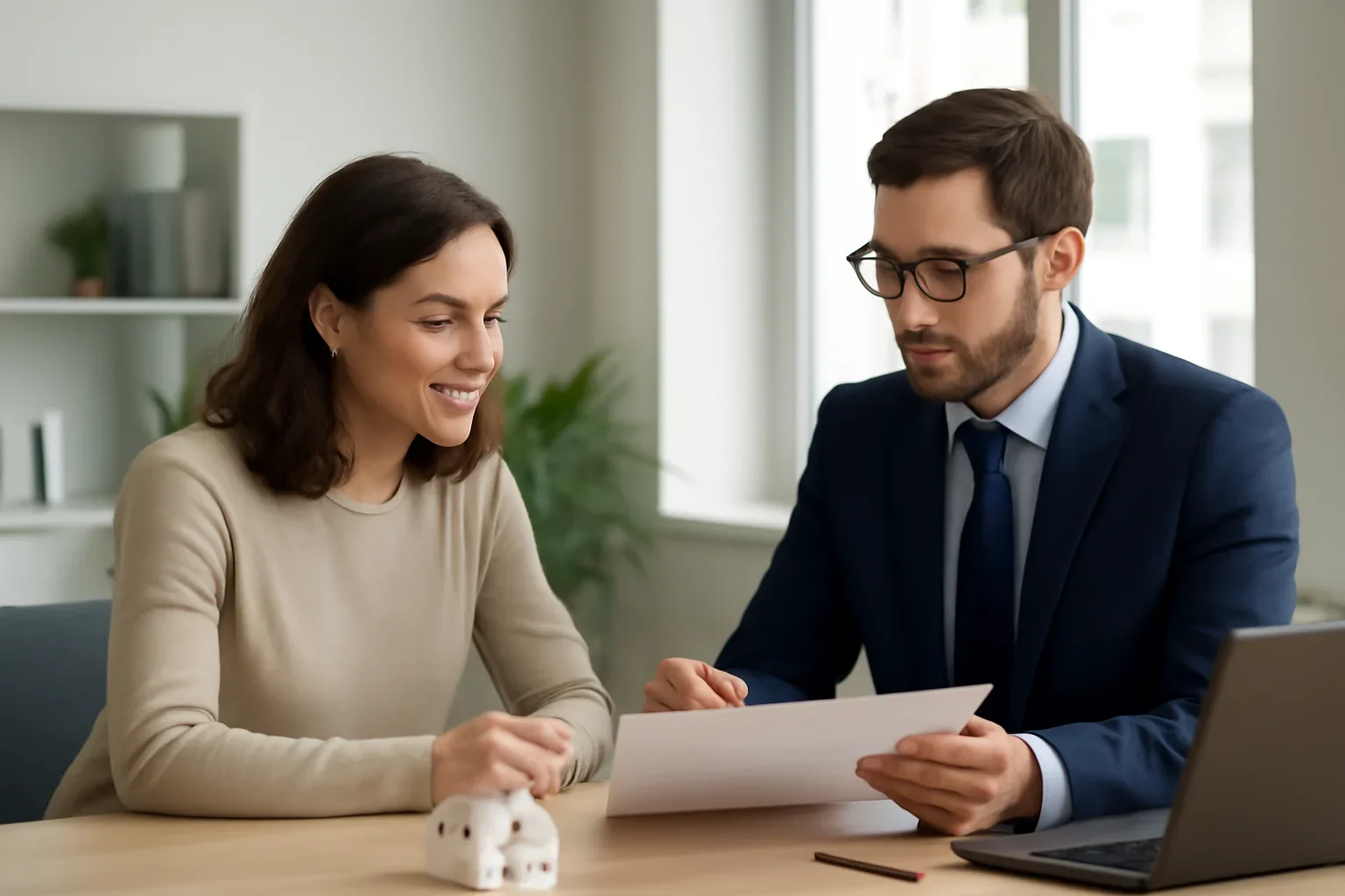 Rate & Term Refinance hero image with advisor and borrower reviewing mortgage strategy