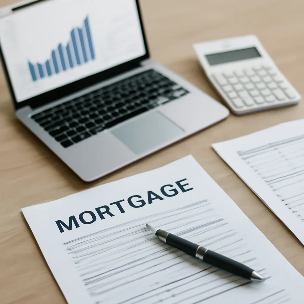 Rate & Term Refinance supporting image with mortgage documents and digital planning tools