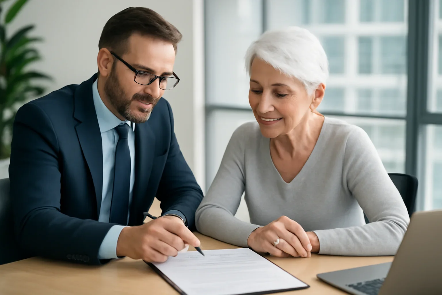 Reverse Mortgage hero image with advisor and borrower reviewing mortgage strategy