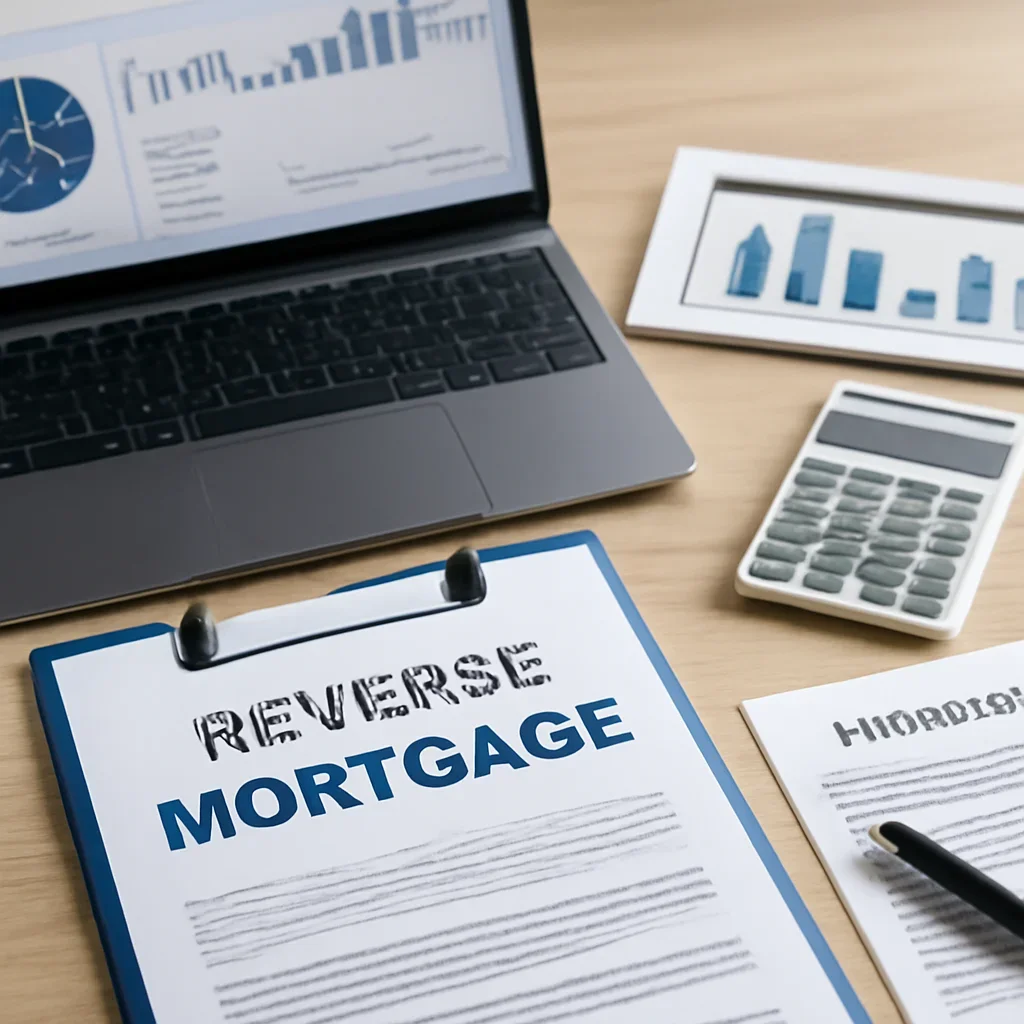 Reverse Mortgage supporting image with mortgage documents and digital planning tools