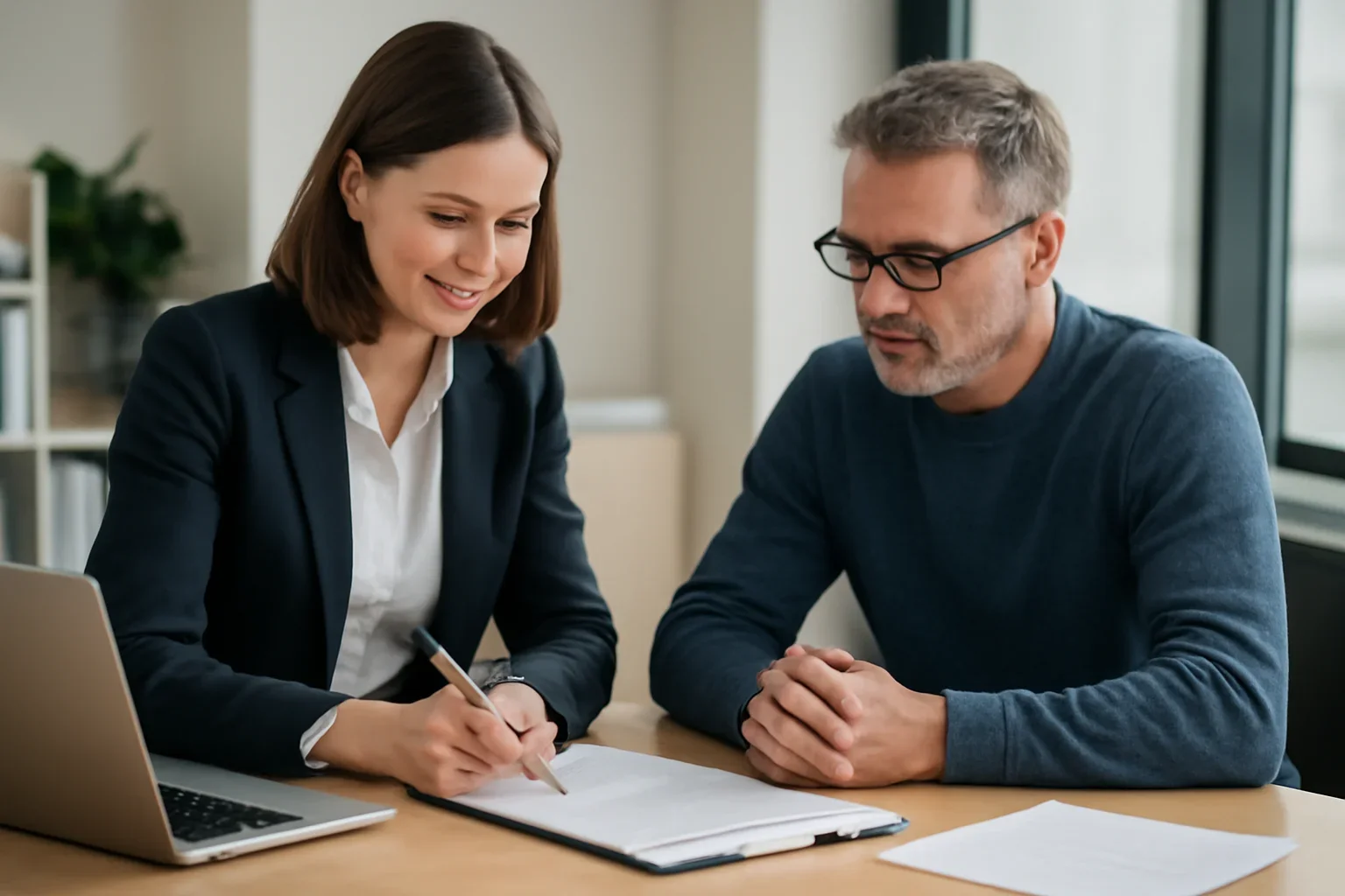 VA IRRRL hero image with advisor and borrower reviewing mortgage strategy
