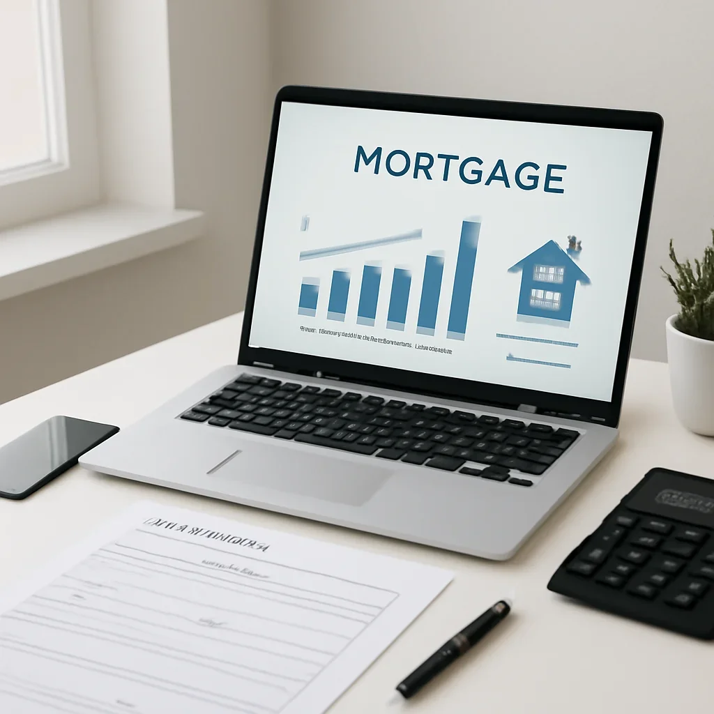 Mortgage Rates & Pricing supporting image with digital mortgage tools and paperwork