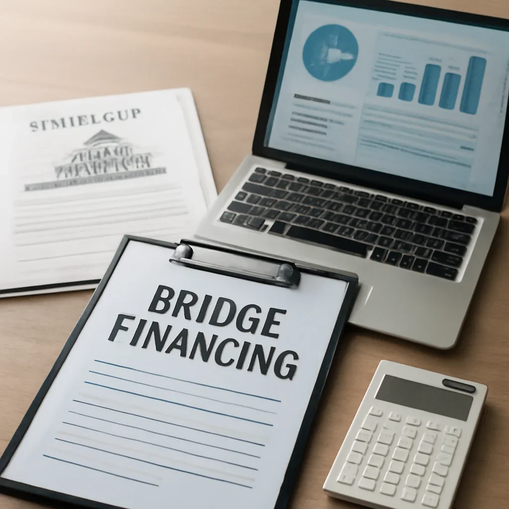 Bridge Financing supporting image with mortgage documents and digital planning tools