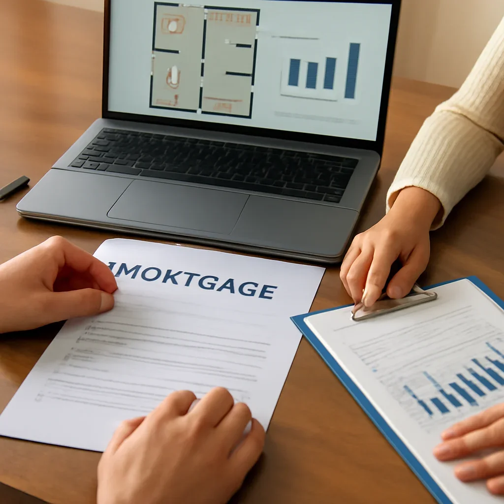 First-Time Home Buyers supporting image with mortgage documents and digital planning tools