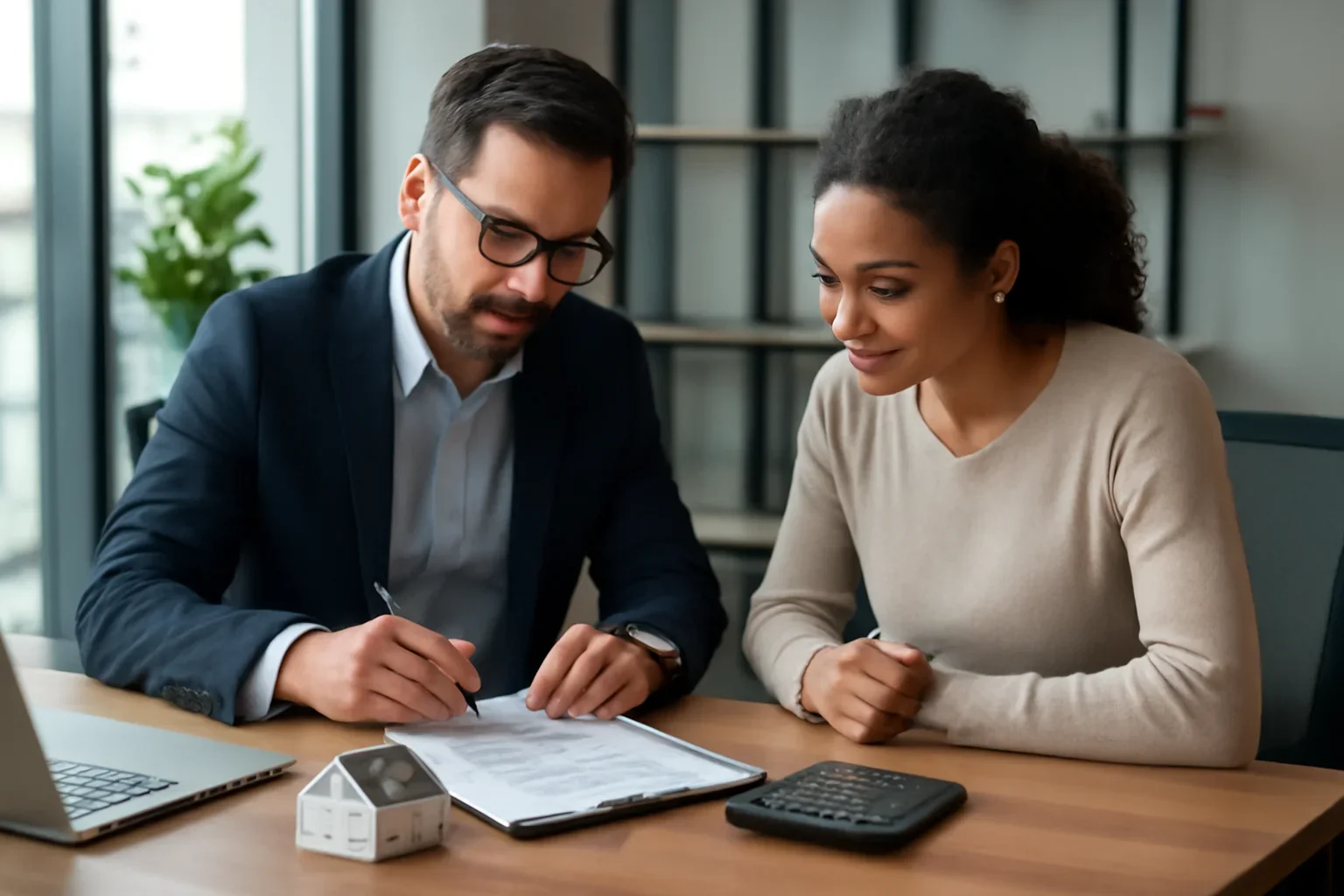 Solutions hero image showing a borrower and advisor reviewing mortgage strategy