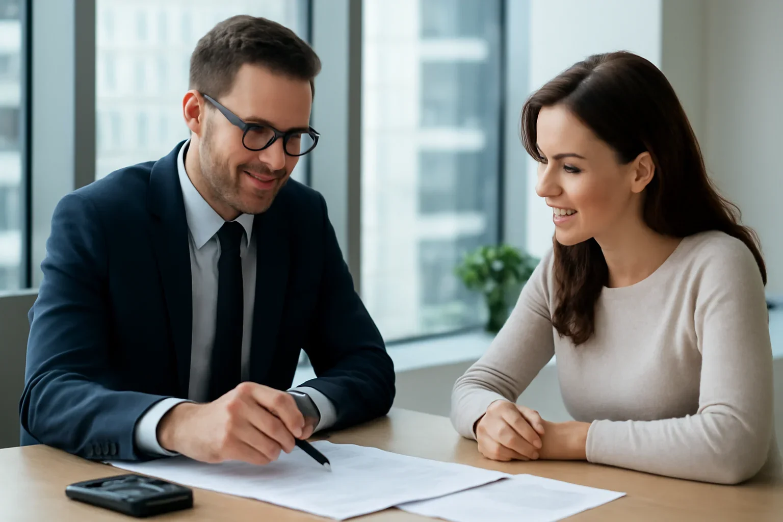 Mortgage Refinance hero image with advisor and borrower reviewing mortgage strategy