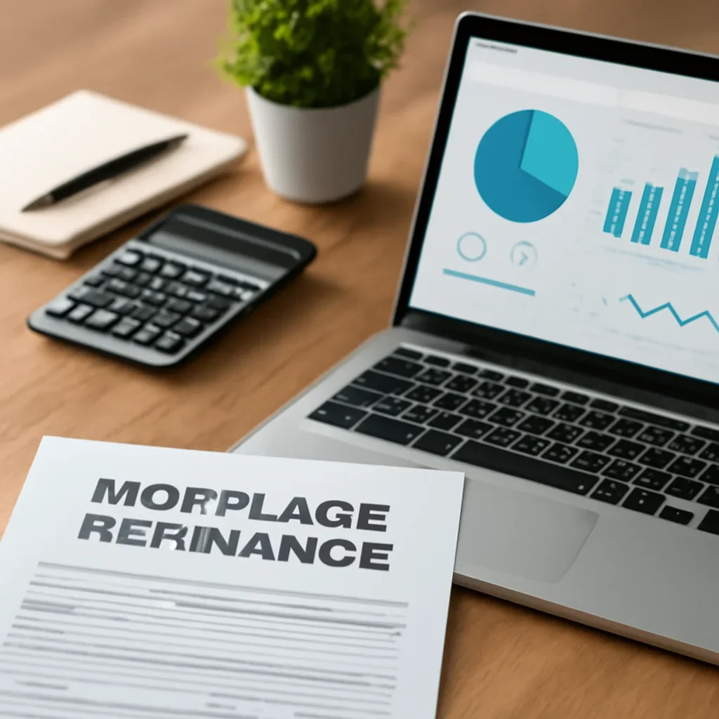 Mortgage Refinance supporting image with mortgage documents and digital planning tools