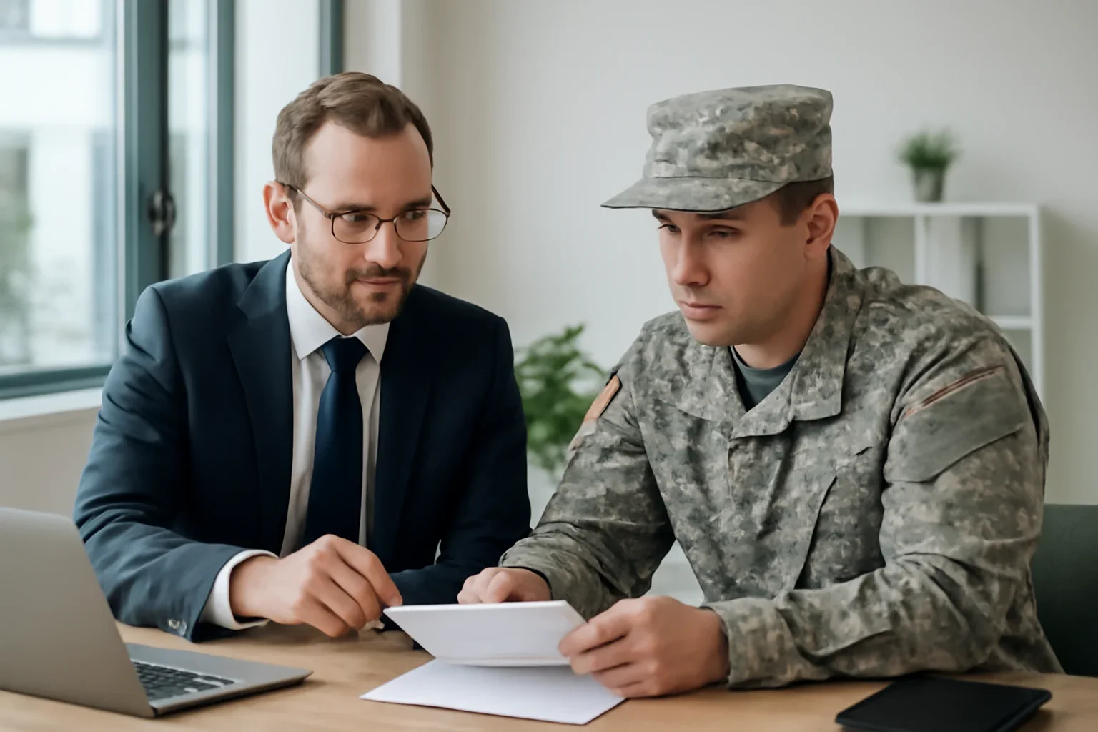 Veterans & Military Buyers hero image with advisor and borrower reviewing mortgage strategy